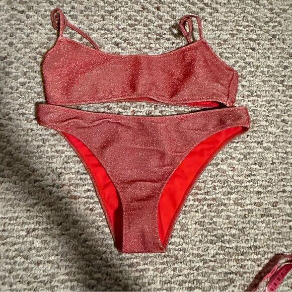 Kendall & Kylie Red Shimmer Bandeau Bikini- Size Small - Picture 3 of 10